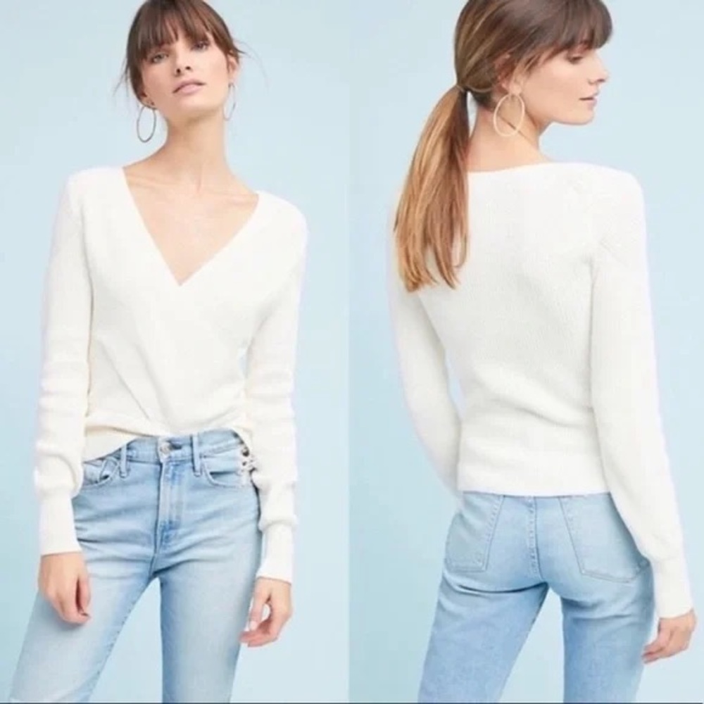 Anthropologie Moth Liza Ribbed Cream Wrap Sweater Sz M